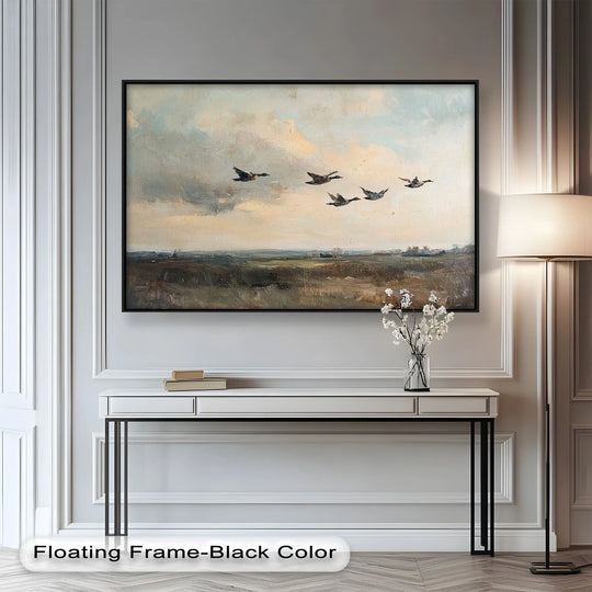 The softest element of this Flight Over the Marshlands oil painting is the clouds, a serene addition to your oil painting decoration, where ducks are painted in motion.