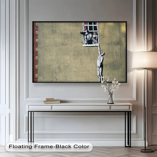 Subtle paneling and a modern floor lamp accentuate the evocative oil painting wall art depicting Banksy's 'Love in Suspense.'