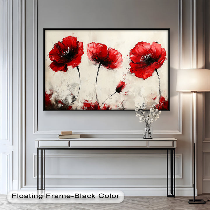 Crimson Elegance – Bold Red Poppies on Cream Flower Oil Painting