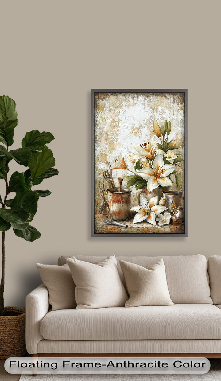 Vintage Keramik und weiße Lilie - Blumenölgemälde