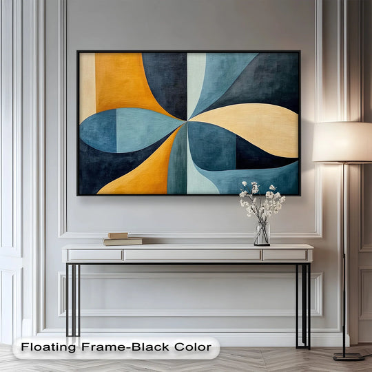Deep navy defines the retro blue and mustard geometric abstraction of this framed modern oil painting art.