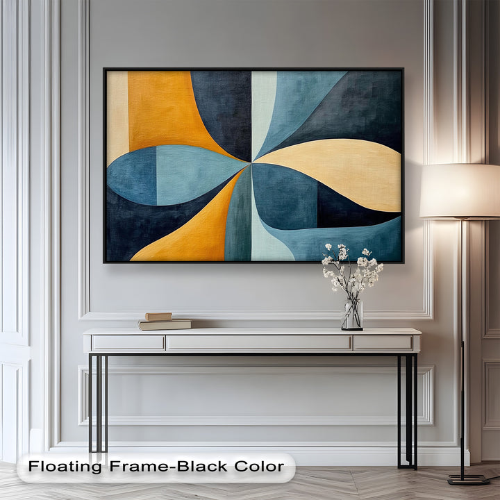 Modern geometric abstract art with intersecting shapes in blue and gold tones.

