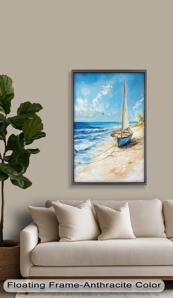 Tide's Rest – Ruhige Küste mit Segelboot-Ölgemälde