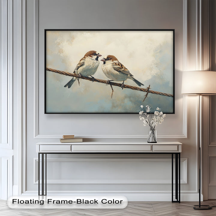 Two Sparrows on a Wire – Bird Oil Painting