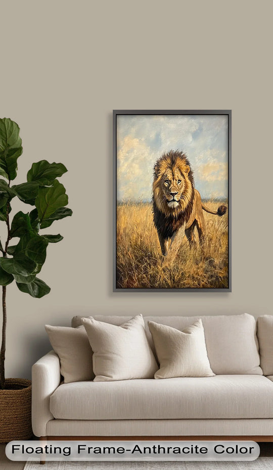 Geometric composition highlights the framed rectangular oil painting artwork, featuring a majestic lion in a vibrant, naturally lit savanna.