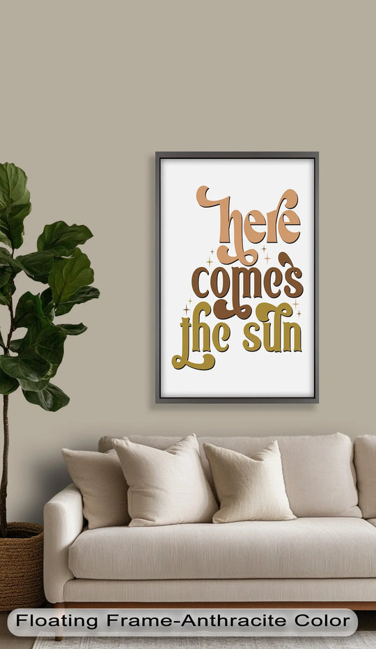 Juxtaposing organic forms with the typography of this oil painting home decor, the 'Here Comes the Sun' quote features bold, retro-inspired curves and warm tonal shifts.