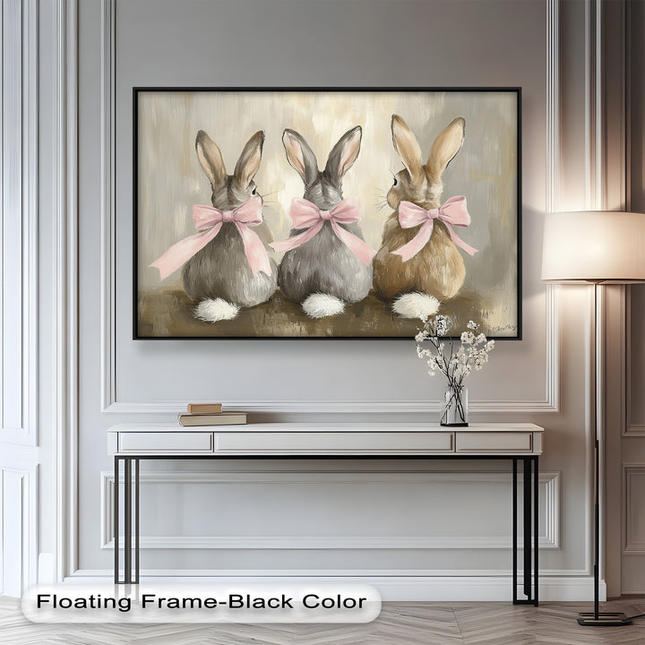 Trio of Bunnies with Pink Bows – Animal Oil Painting