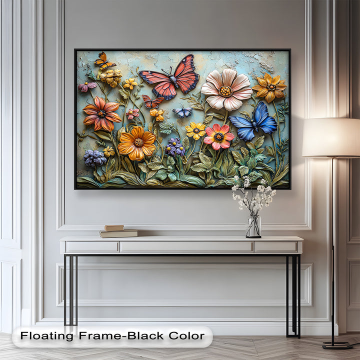 A mesmerizing embossed-style painting capturing a lively garden scene with raised floral elements and intricately designed butterflies in vivid hues.
