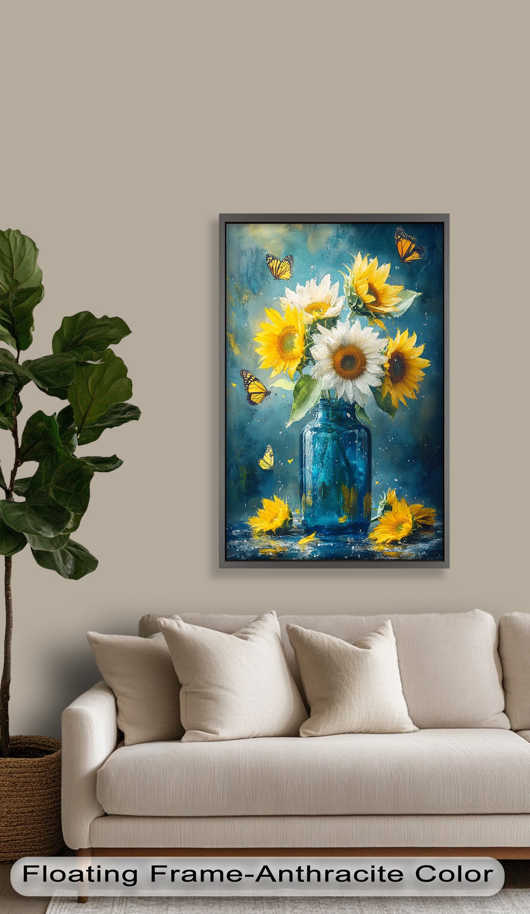 Sun-Kissed Radiance – Sunflowers in Blue Jar Flower Oil Painting