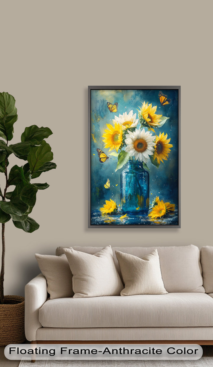 Sun-Kissed Radiance – Sunflowers in Blue Jar Flower Oil Painting