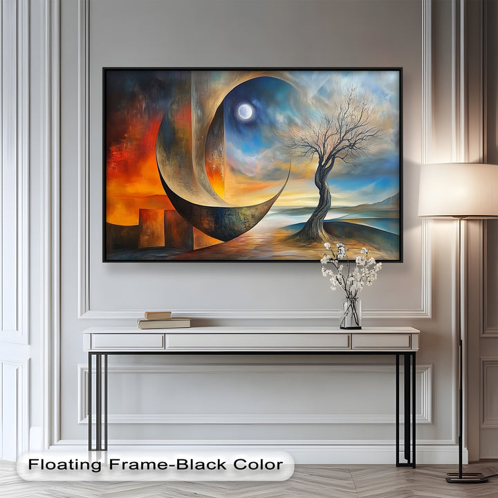 Moonlit Tree and Surreal Horizon - Abstract Oil Painting
