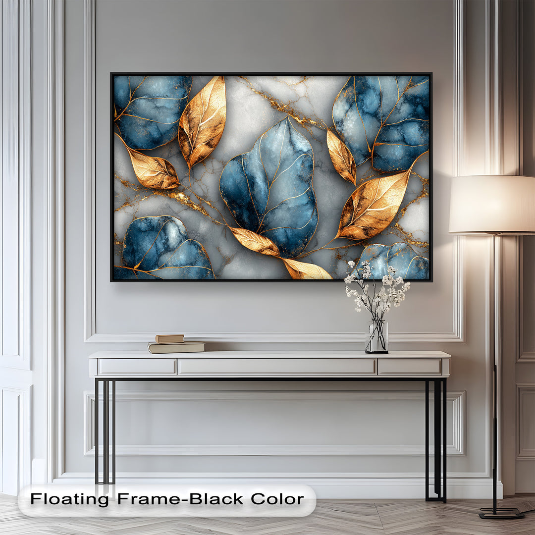 Golden Blue Marble Leaves – Botanical Oil Painting