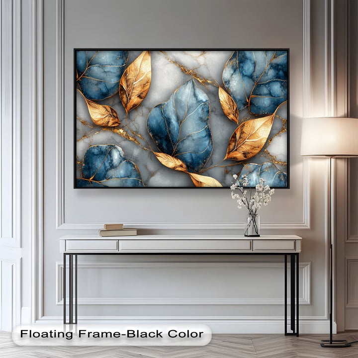 Golden Blue Marble Leaves – Botanical Oil Painting