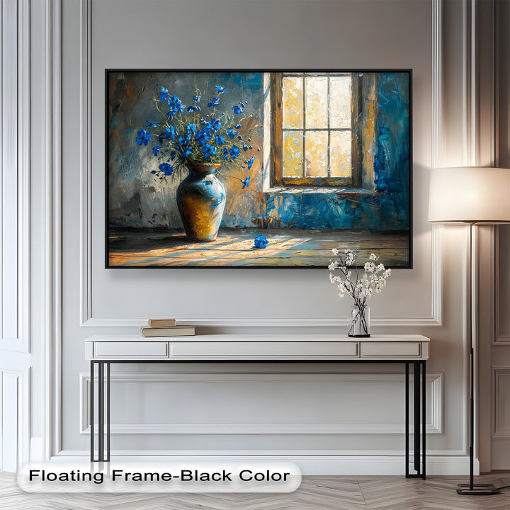 Blue Flowers in Vase – Rustic Still Life Oil Painting