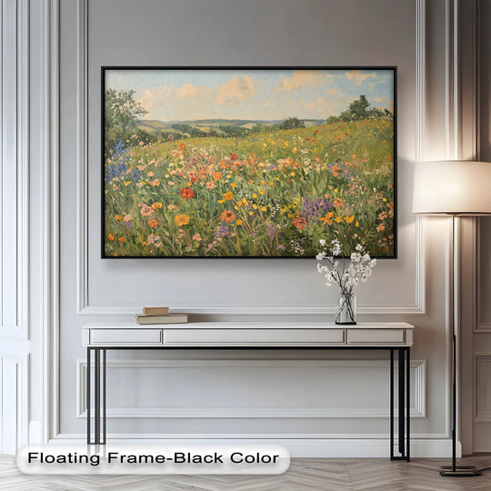 Focal point on the vibrant wildflowers in this framed impressionist landscape, a piece of modern oil painting art that captures the essence of a lush wildflower field.