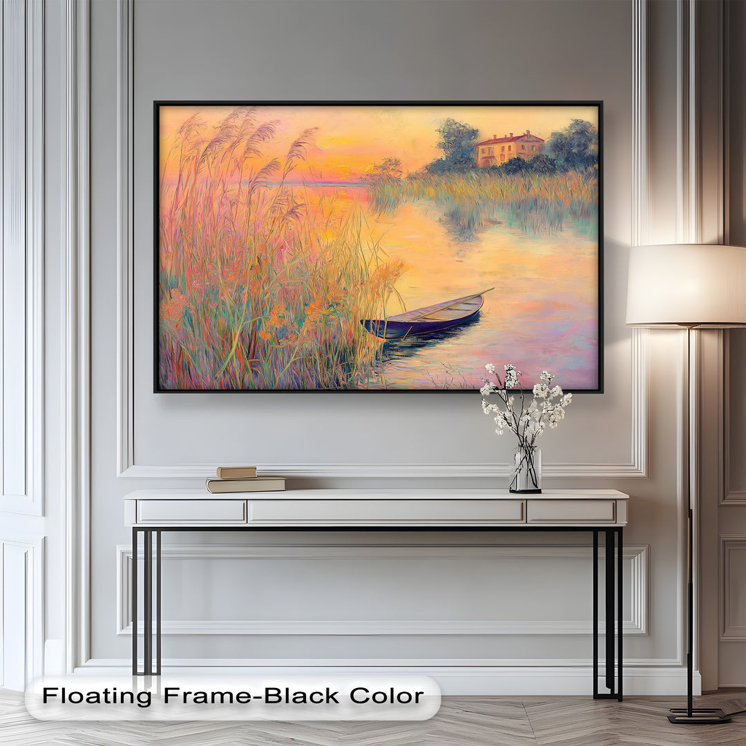 Golden Reeds and Sunset Rowboat – Impressionist Oil Painting