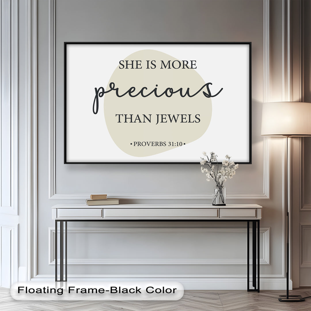 Faith-based minimalist quote art – She is more precious than jewels print.
