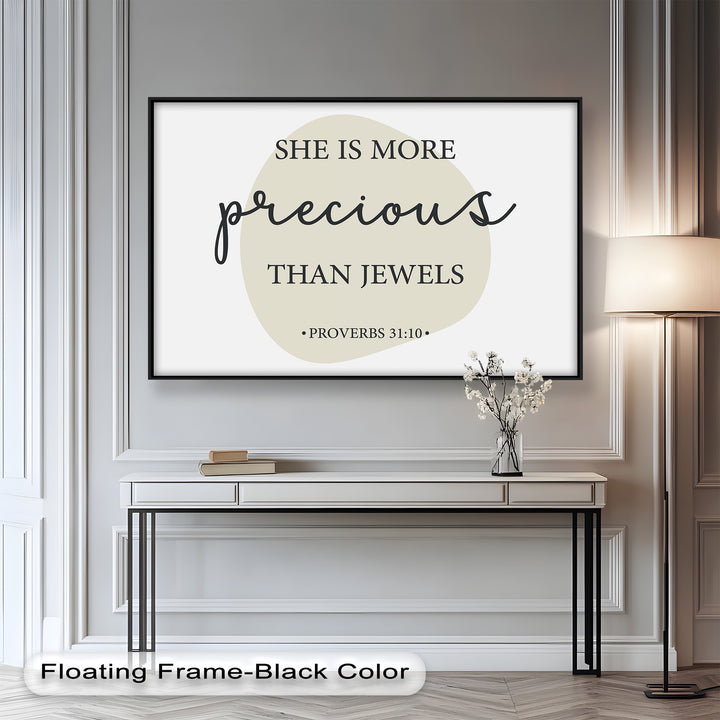 Faith-based minimalist quote art – She is more precious than jewels print.
