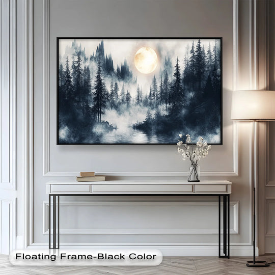 Black floating frame accentuates the captivating moonlit forest in this oil painting art piece, offering a defined edge to the mystical woodland scene.
