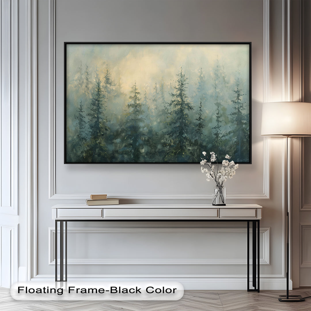 A serene impressionist-style painting depicting a misty pine forest, where soft brushstrokes create an ethereal and tranquil atmosphere.