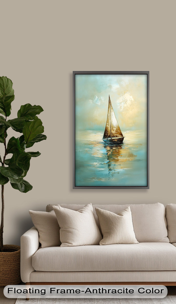 Golden Drift – Ruhiges Segelboot bei Sonnenaufgang, Boot-Ölgemälde