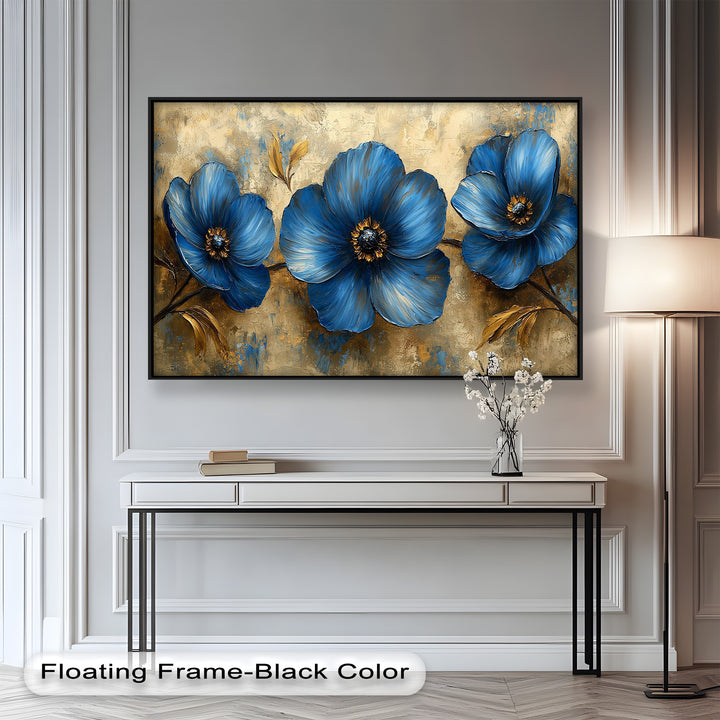 Golden Beige Elegance – Royal Blue Floral Trio Flower Oil Painting
