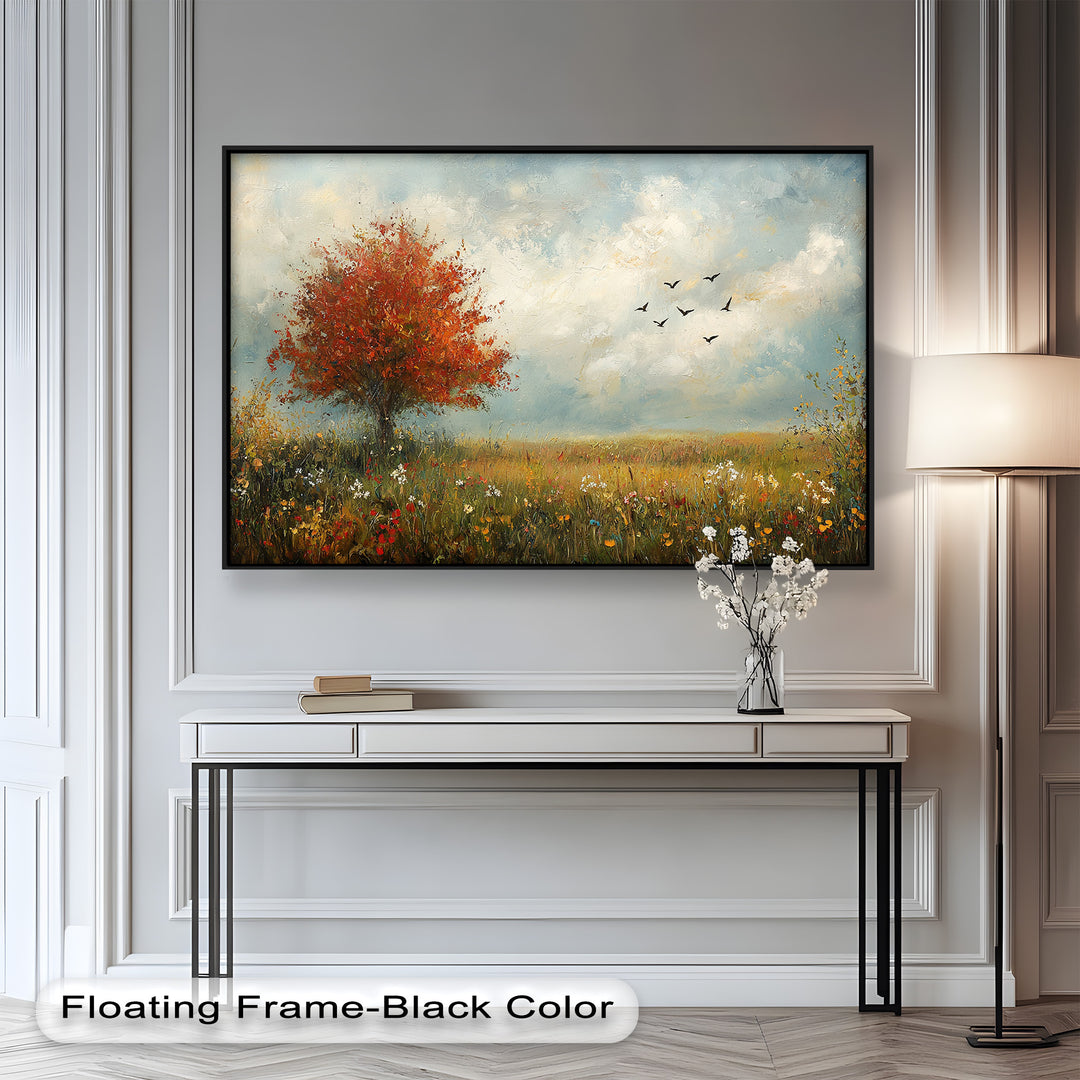 Vibrant autumn tree painting with wildflowers under a serene sky.

