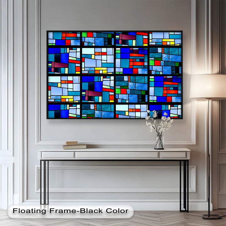 A bright and rhythmic arrangement of multicolored glass-like blocks creating a symmetrical, window-like layout.