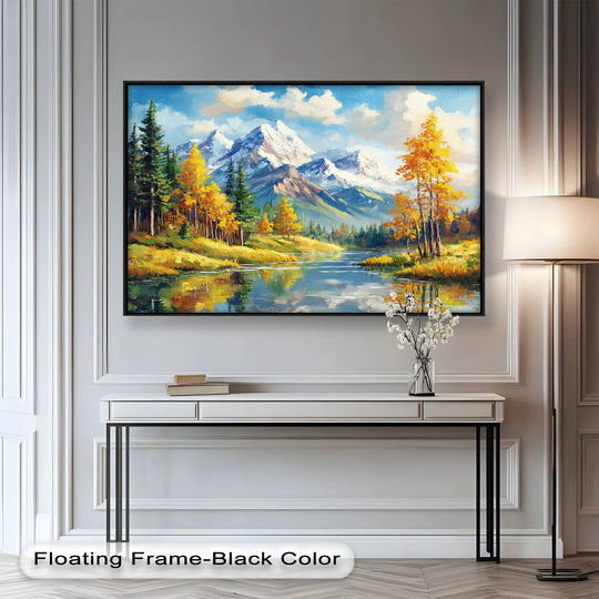 Framed by a sleek, dark edge and borders, this modern oil painting art showcases golden autumn peaks and a tranquil mountain landscape with stunning reflections.