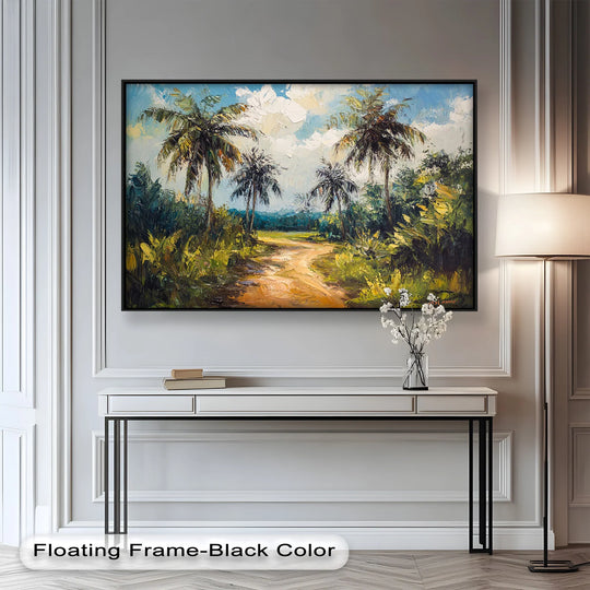 Winding pathways and verdant palm fronds shape the organic forms in this tropical impressionist oil painting artwork, creating a textured landscape of lush greens and sandy hues.