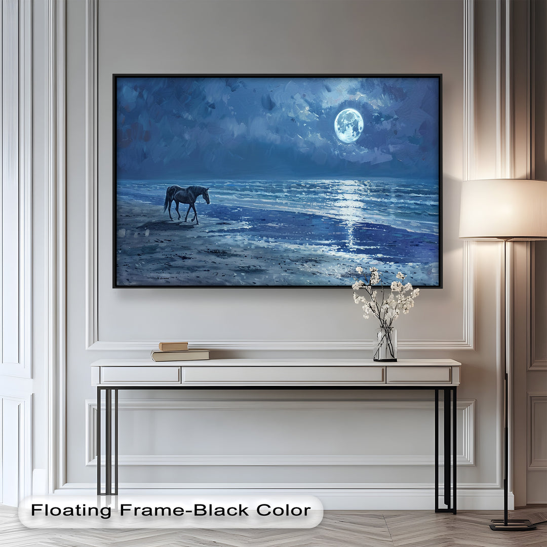 Moonlight & Horse – Serene Nighttime Oil Painting