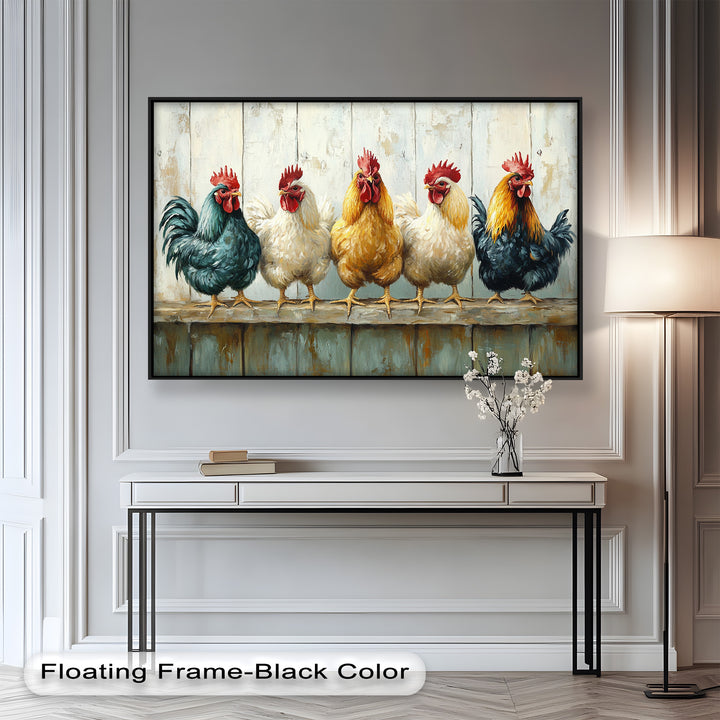 Colorful Roosters on a Wooden Fence – Animal Oil Painting
