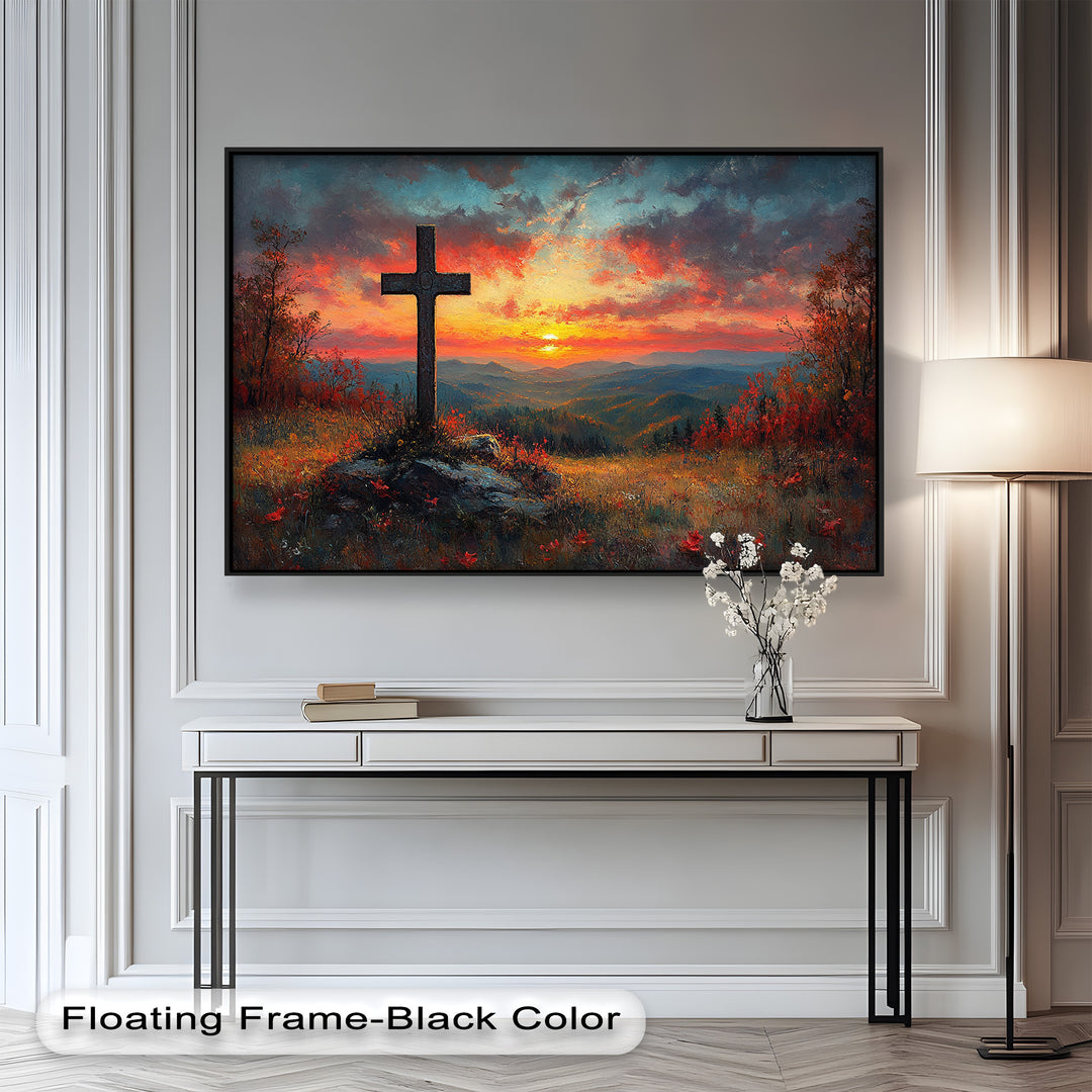 Sunset mountain landscape with a wooden cross and vivid skies.

