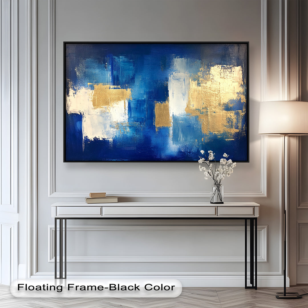 Textured abstract painting with rich sapphire blues and radiant gold layers.
