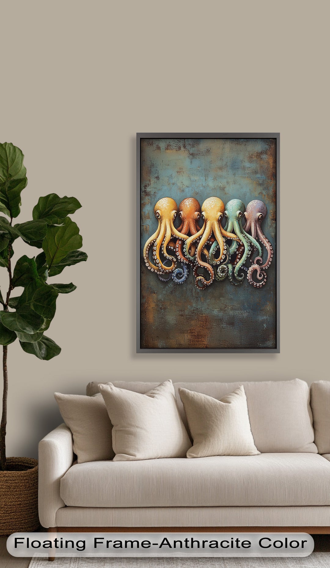 Whimsical Row of Octopuses – Colorful Sea Life Animal Oil Painting