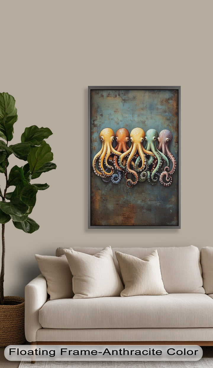 Whimsical Row of Octopuses – Colorful Sea Life Animal Oil Painting