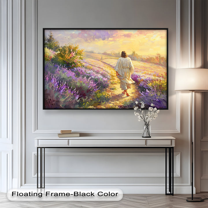 This stunning oil painting captures a serene moment of faith and reflection. With warm golden hues and vibrant lavender fields, this framed wall art creates a peaceful and uplifting atmosphere in any space.