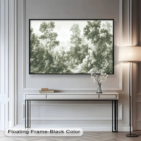 Elegant vintage green forest scene is showcased as the central subject, displaying unique oil painting art prints in a modern composition.