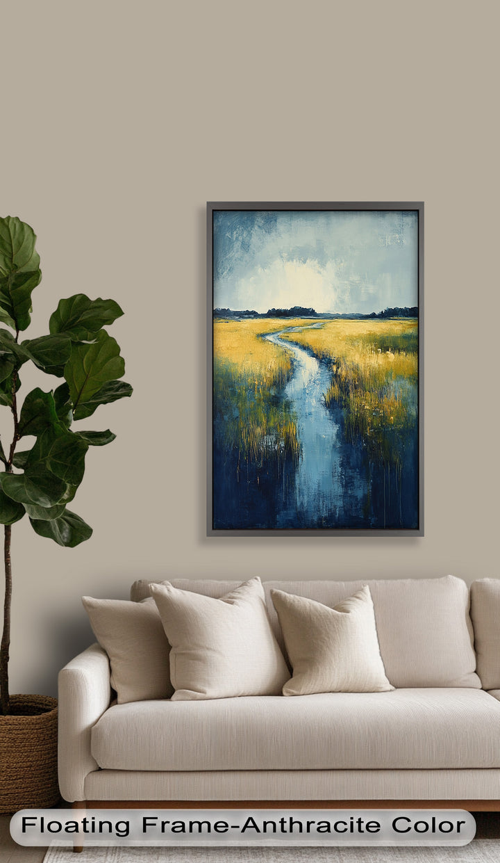 Golden Fields and Blue Stream – Contemporary Landscape Oil Painting