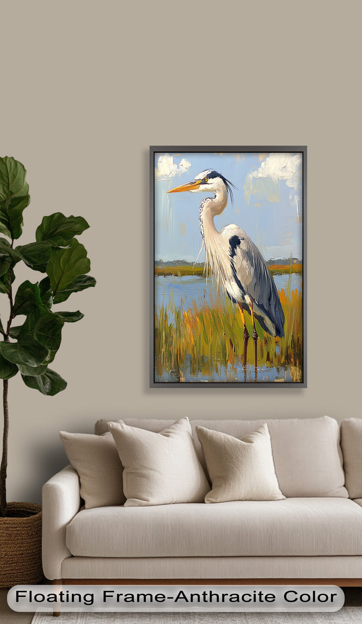Heron in Sunlit Wetlands – Modern Oil Painting