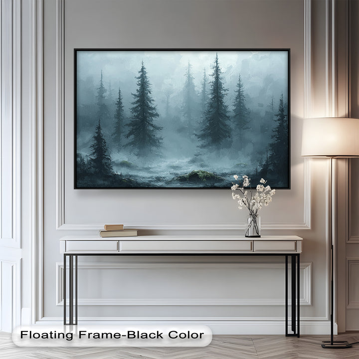 The interplay of light and shadow enhances this dreamlike woodland composition, where dense fog wraps around towering evergreens, creating a peaceful yet enigmatic setting.