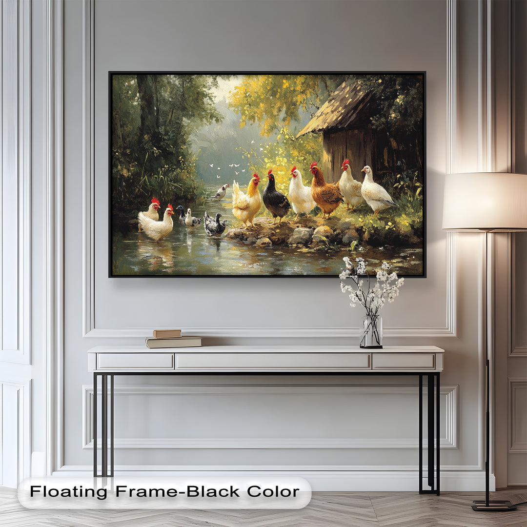 Country Farmyard Chickens by the Stream – Animal Oil Painting