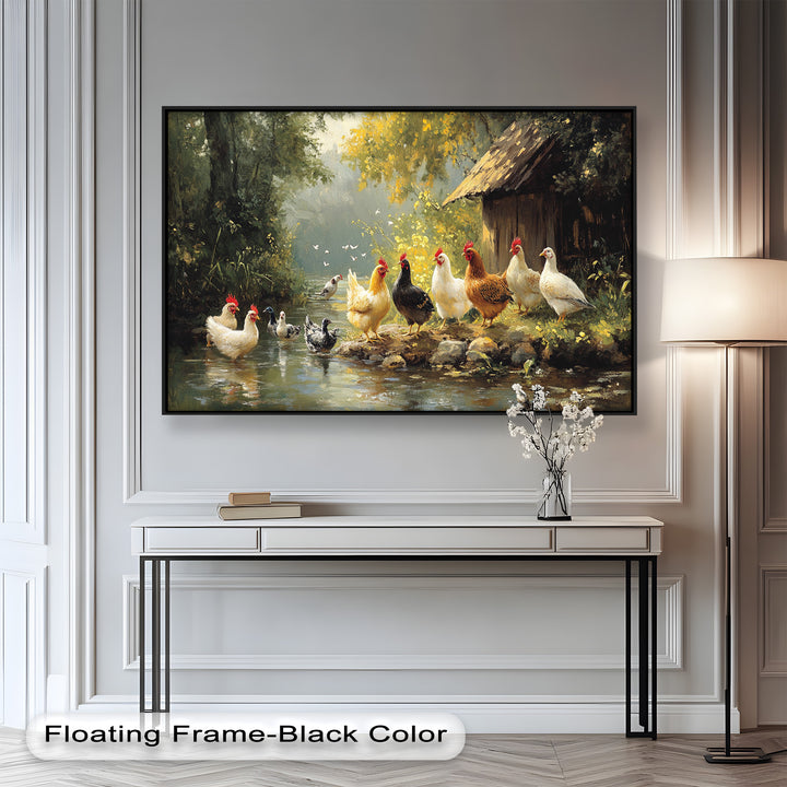 Country Farmyard Chickens by the Stream – Animal Oil Painting