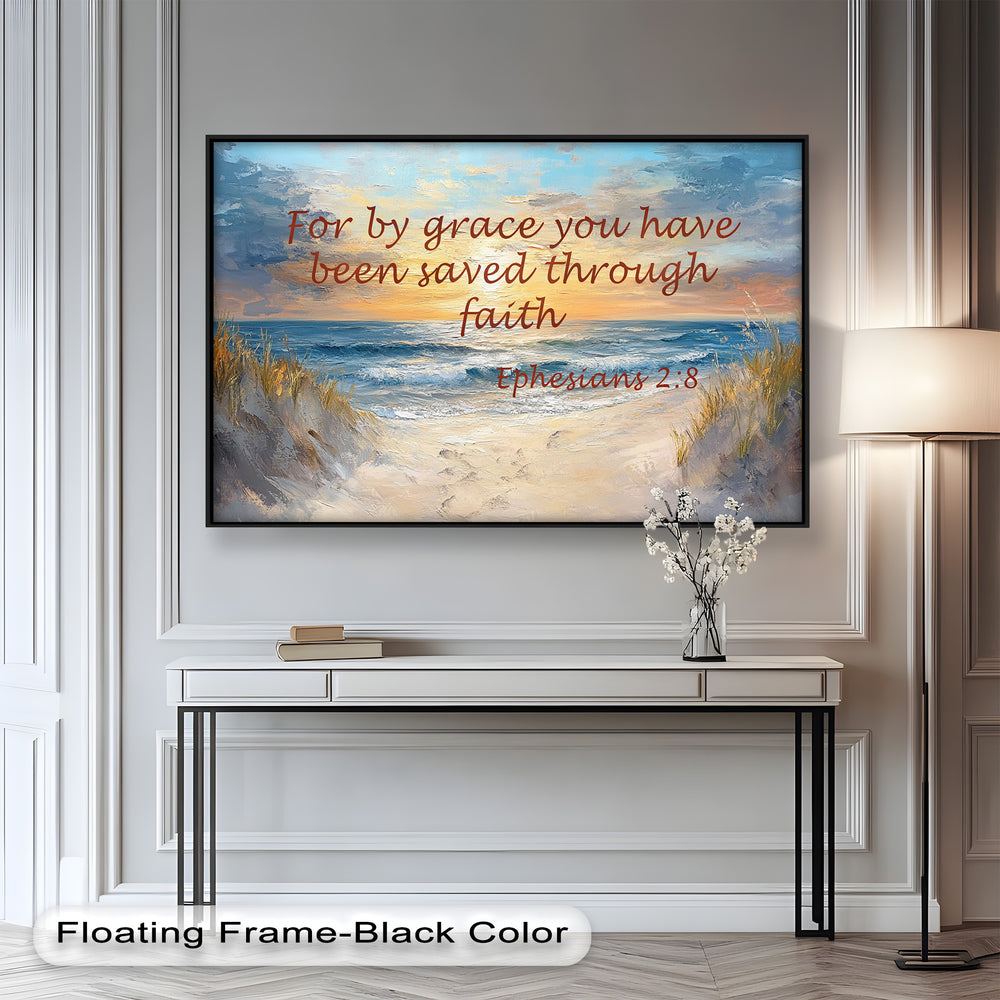 Inspirational coastal artwork symbolizing salvation through faith.
