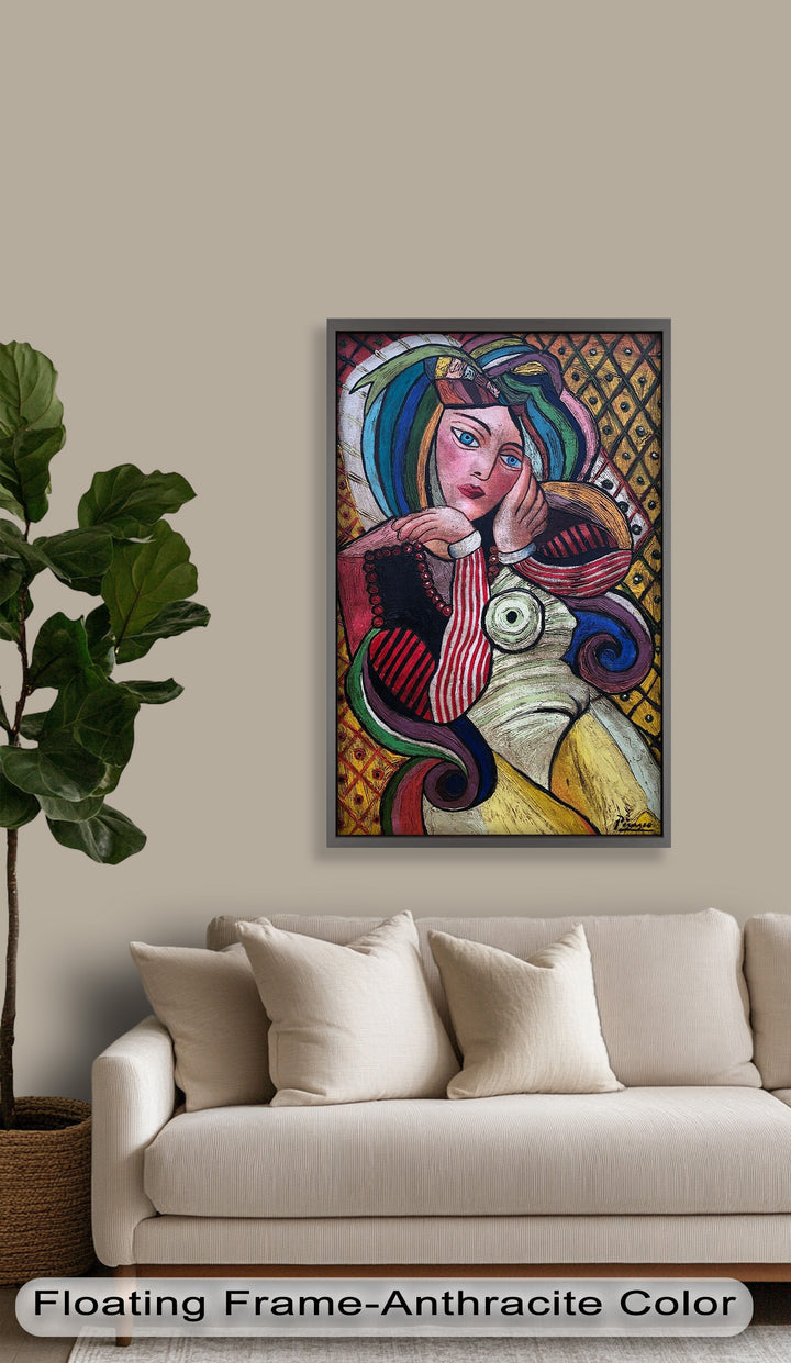Melancholy in Stripes – Colorful Cubist Woman Portrait Picasso Oil Painting