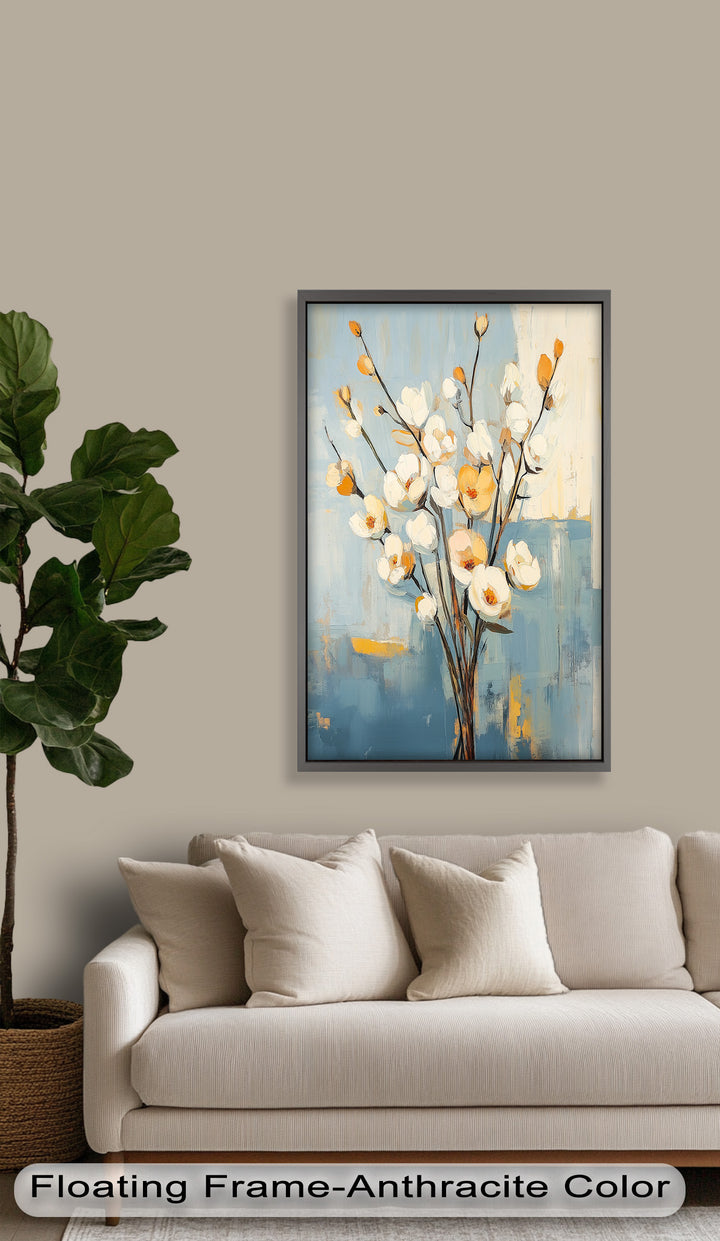 Golden Magnolia – White and Amber Blossoms Flower Oil Painting