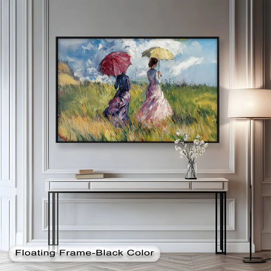Layering effect enhanced with ladies with parasols walking in a sunlit meadow in this impressionist oil painting, perfect for vintage oil painting home decor.