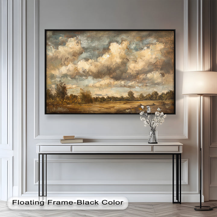 Weite Landschaft mit grauen Wolken – Ruhige Natur Ölgemälde