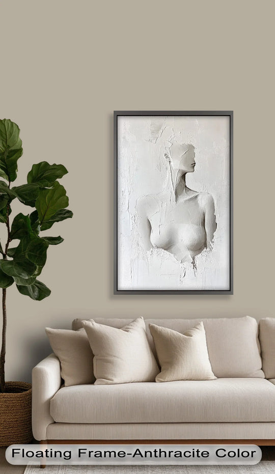 Cool color temperature enhances the serene atmosphere of this minimalist abstract female form, presented as a striking white sculpted oil painting art piece.