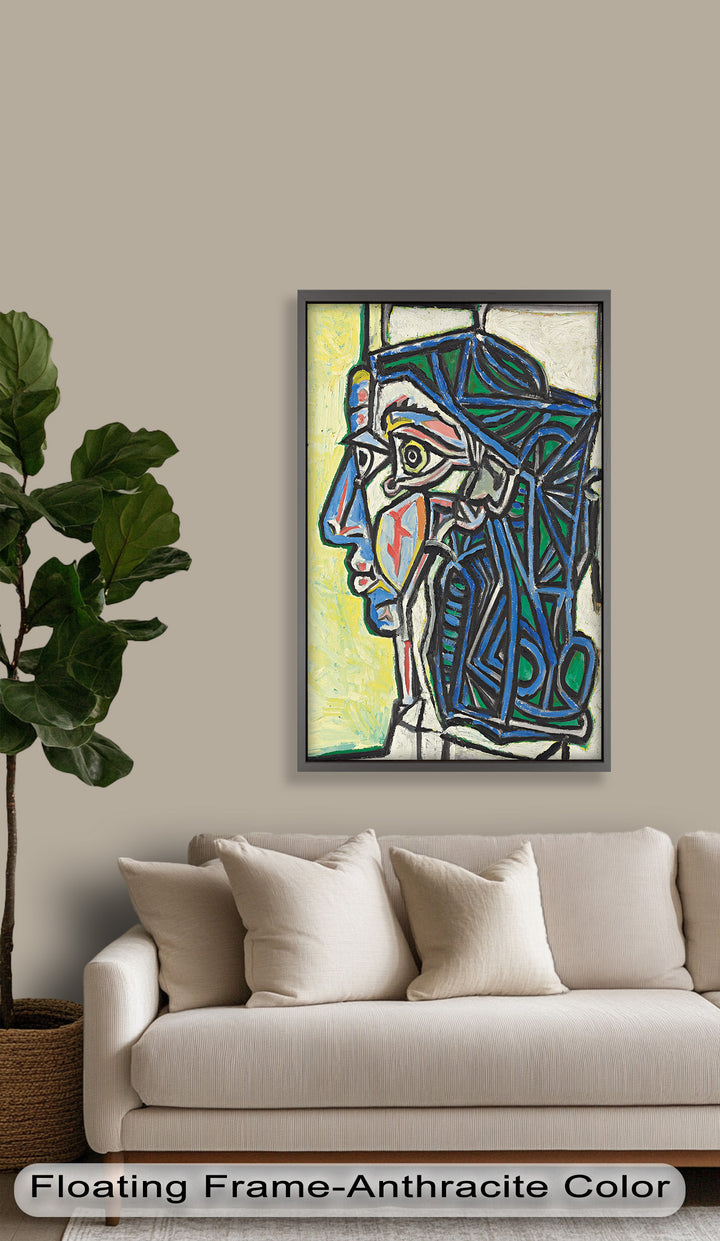 Angular Gaze – Geometric Portrait with Blue and Green Lines Picasso Oil Painting